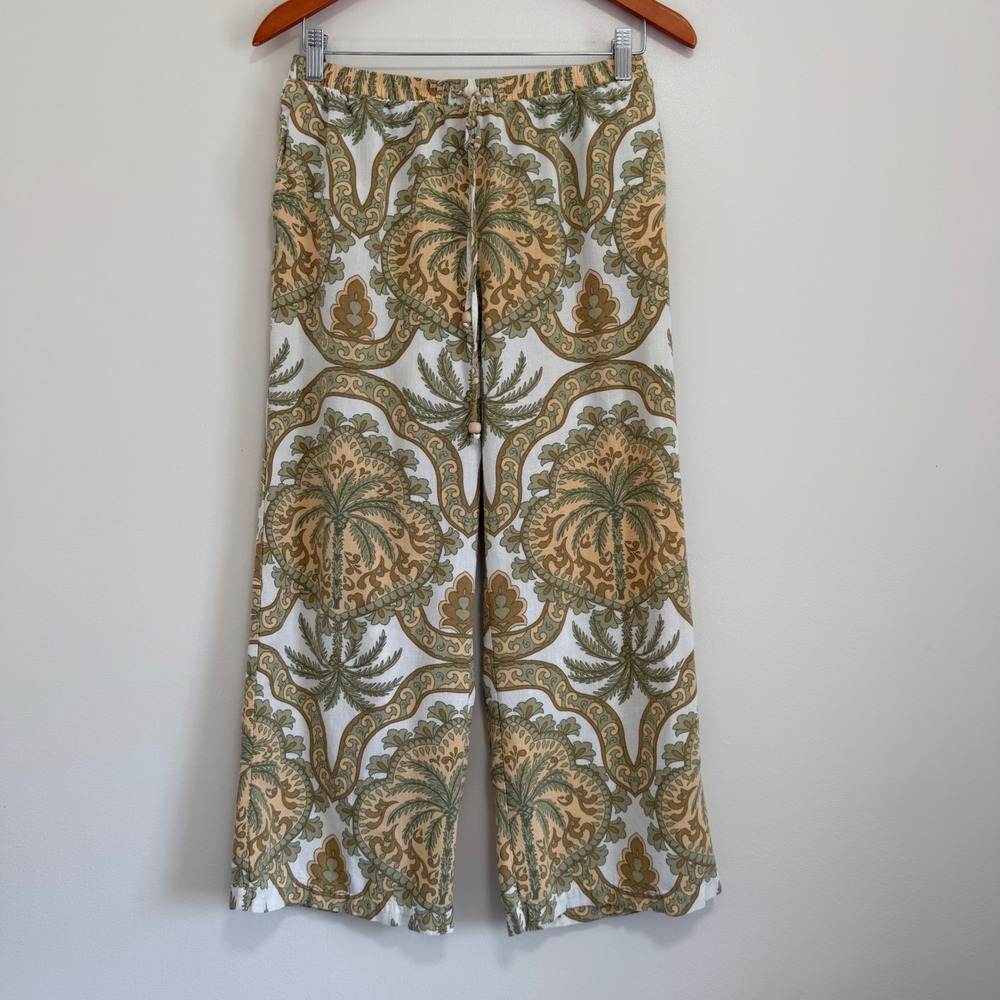 Rose + Olive Resort Palm Print Wide Leg Pants Tropical Resortwear Size S